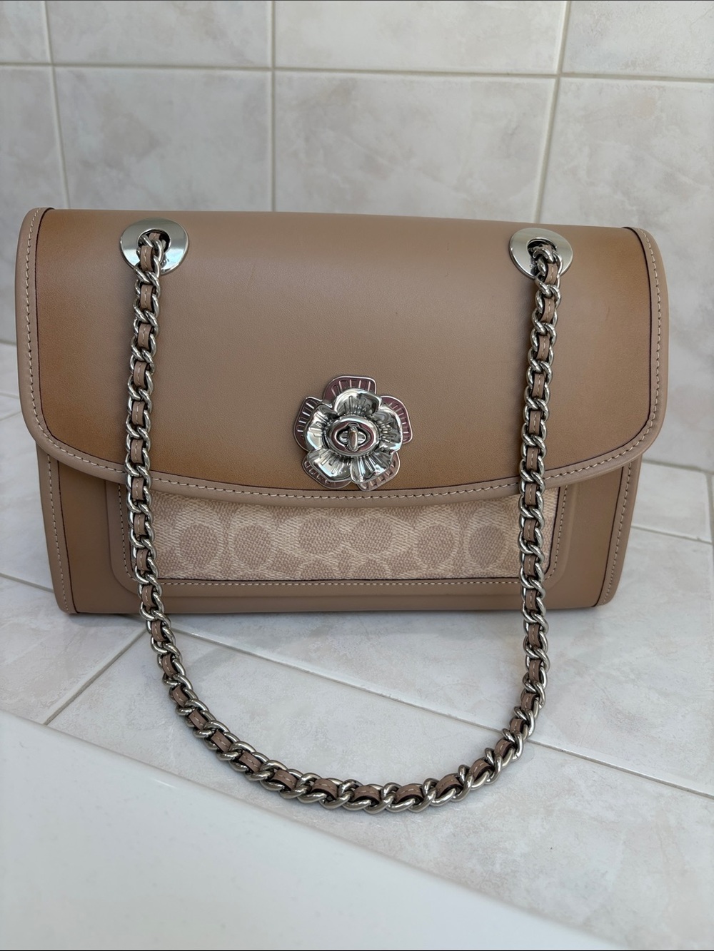 Coach Parker Shoulder Bag in Signature Logo, Calf Leather, and Silver Chain